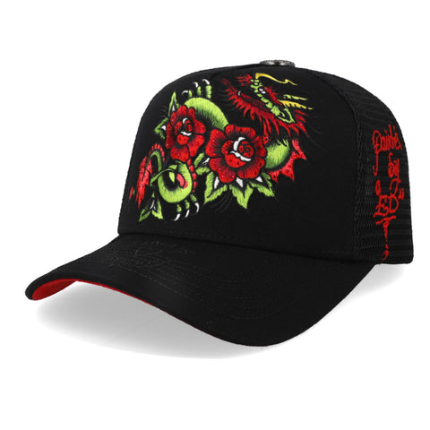Gorra Ed Hardy Roses Dragon Diamonds Negro Trucker Unitalla